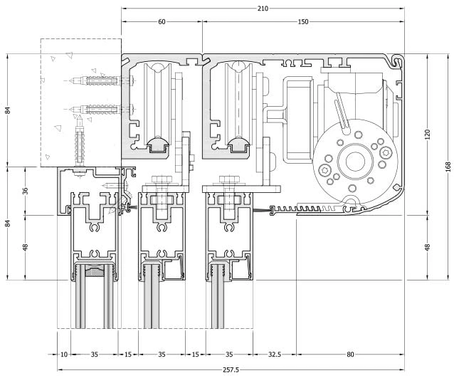 Disegno tecnico delle sezioni di sistema del profilo LB35 telescopico