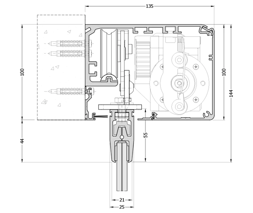Disegno tecnico della porta scorrevole, profilo LBFL